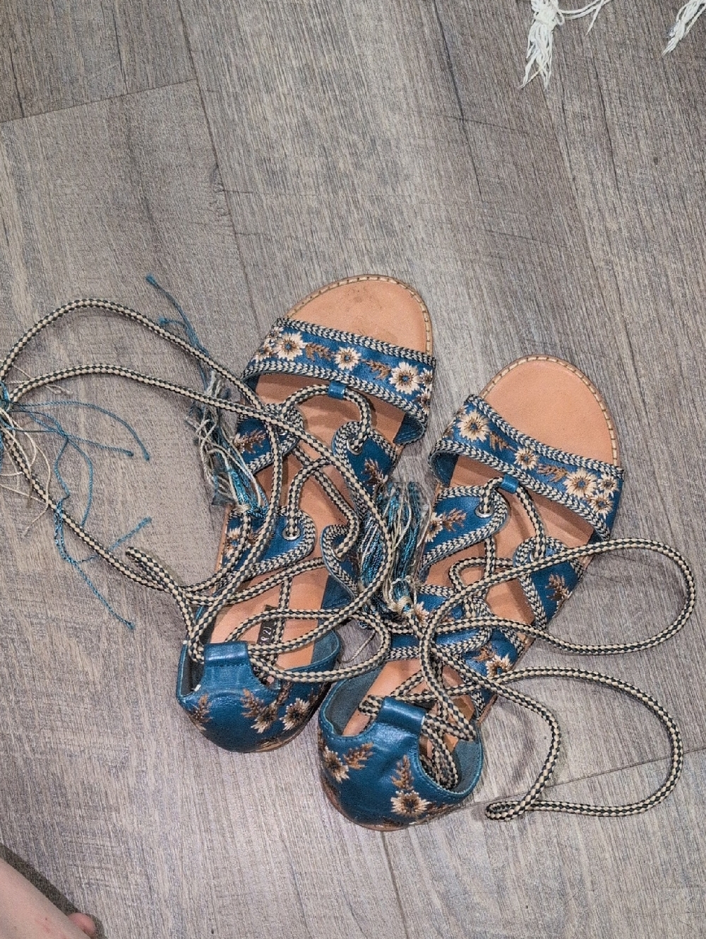 Forever 21 Blue Embroidered Lace-Up Sandals